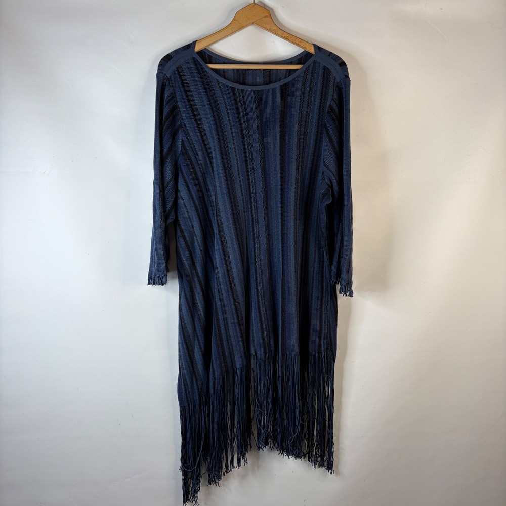 NIC+ZOE Tunic Women 2X Blue Striped Fringe Hem Linen Blend Boho 3/4 Sleeve